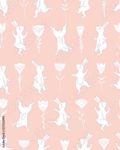 Collection of Easter Bunny characters from different poses. Happy running and dancing bunnies. Seamless pattern © KatiaZhe