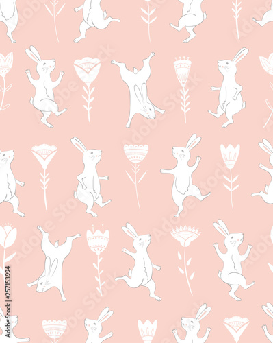 Collection of Easter Bunny characters from different poses. Happy running and dancing bunnies. Seamless pattern