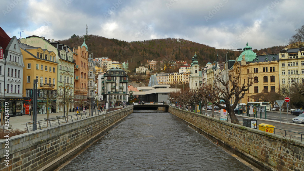 Famous spa town Karlovy Vary - promenade at winter, Czech Republic