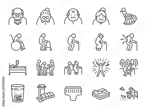 Old man line icon set. Included icons as older people, aging, healthy, senior, life and more.