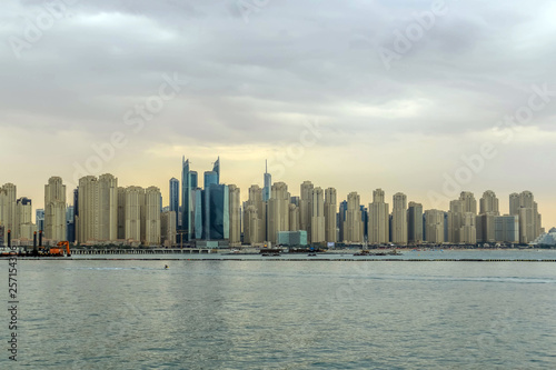 Amazing view of Jumeirah Beach Residence and Dubai Marina Waterfront Skyscraper, Residential and Business Skyline in Dubai Marina, United Arab Emirates