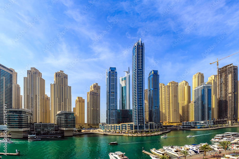 Fototapeta premium Amazing view of Dubai Marina Waterfront Skyscraper, Residential and Business Skyline in Dubai Marina, United Arab Emirates
