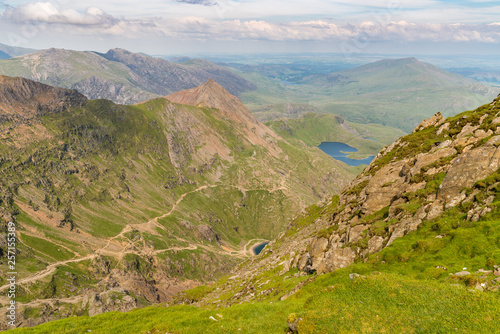 View from the summit of Mount Snowdon, Snowdonia, Gwynedd, Wales, UK - looking north at Garnedd Ugain, the Pyg Track and the Miner's Track photo