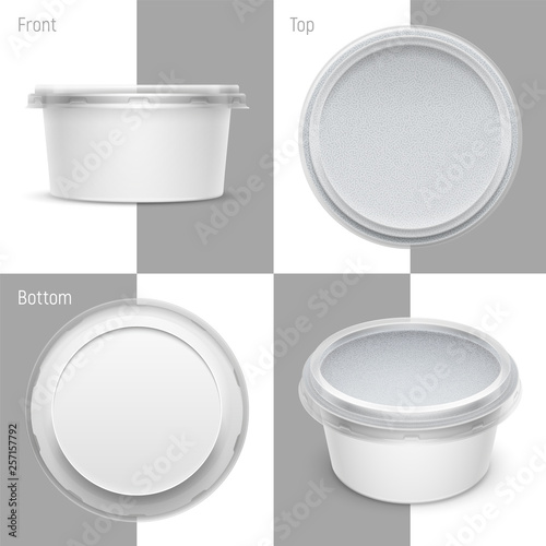 Vector white round plastic container with foil and transparent lid. Packaging template illustration.