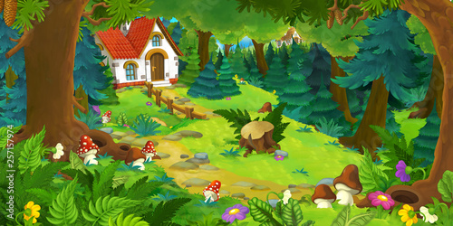 cartoon scene with beautiful rural brick house in the forest on the meadow - illustration for children photo