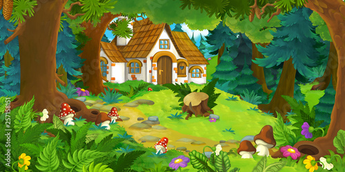 cartoon scene with beautiful rural brick house in the forest on the meadow - illustration for children
