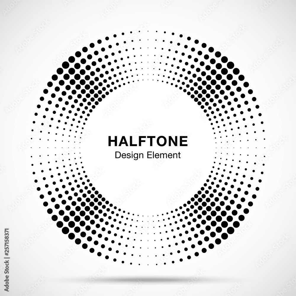Halftone music circle frame abstract dots logo emblem design element. Half tone circular icon. Disc musical insignia. Round border using halftone circle dots raster texture. Vector illustration. Halftone music circle frame abstract dots logo emblem design element. Half tone circular icon. Disc musical insignia. Round border using halftone circle dots raster texture. Vector illustration.