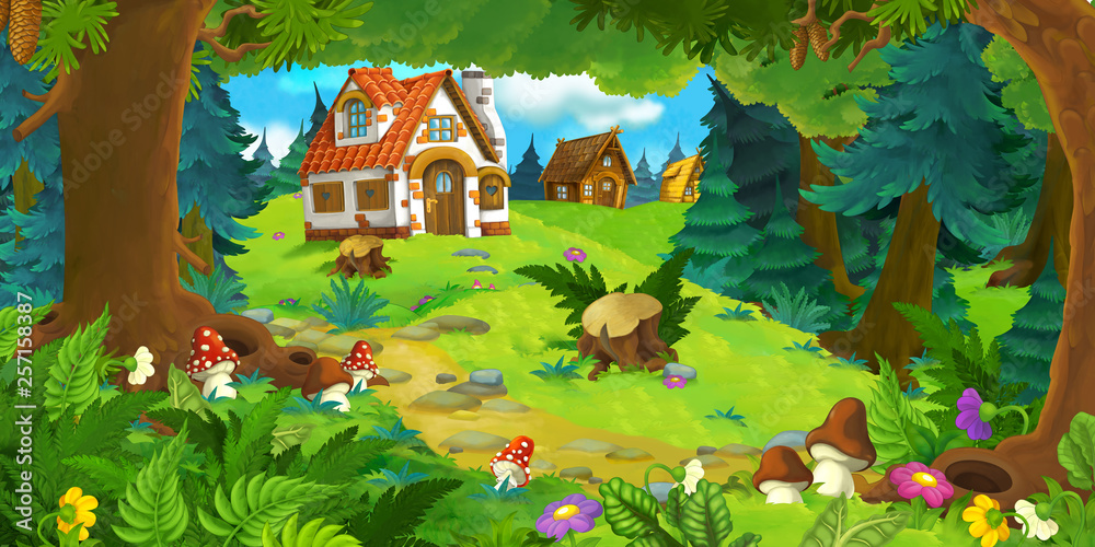 cartoon scene with beautiful rural brick house in the forest on the meadow - illustration for children - obrazy, fototapety, plakaty 
