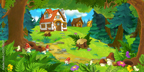 Fototapeta Naklejka Na Ścianę i Meble -  cartoon scene with beautiful rural brick house in the forest on the meadow - illustration for children