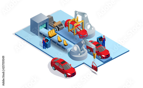 Car factory. Automobile plant. Automotive assembly line. Engineering systems automobile production line. Car manufacturing process. Conveyor for assembly of cars vector 3d isometric illustration