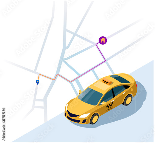 Service of taxi. Concept of a taxi car. Vector 3d isometric illustration of yellow taxi car with the shortest route map to the house