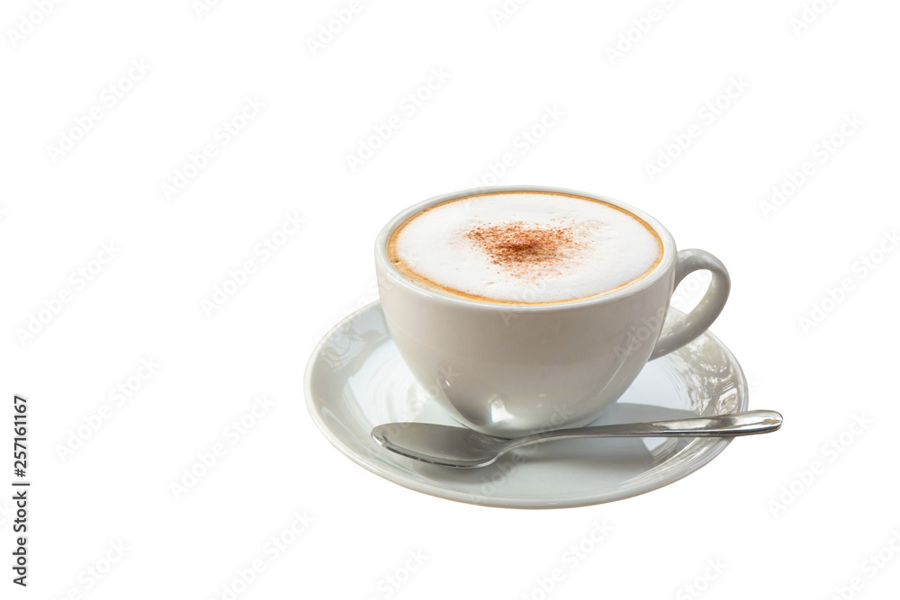 Side view of Hot cappuccino coffee in a white cup isolated on white background. (Clipping path inside) Side view of Hot cappuccino coffee in a white cup isolated on white background. (Clipping path inside)