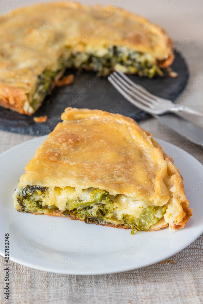 Piece of fresh pie with broccoli and cheese on a plate close-up - vegetarian cuisine.