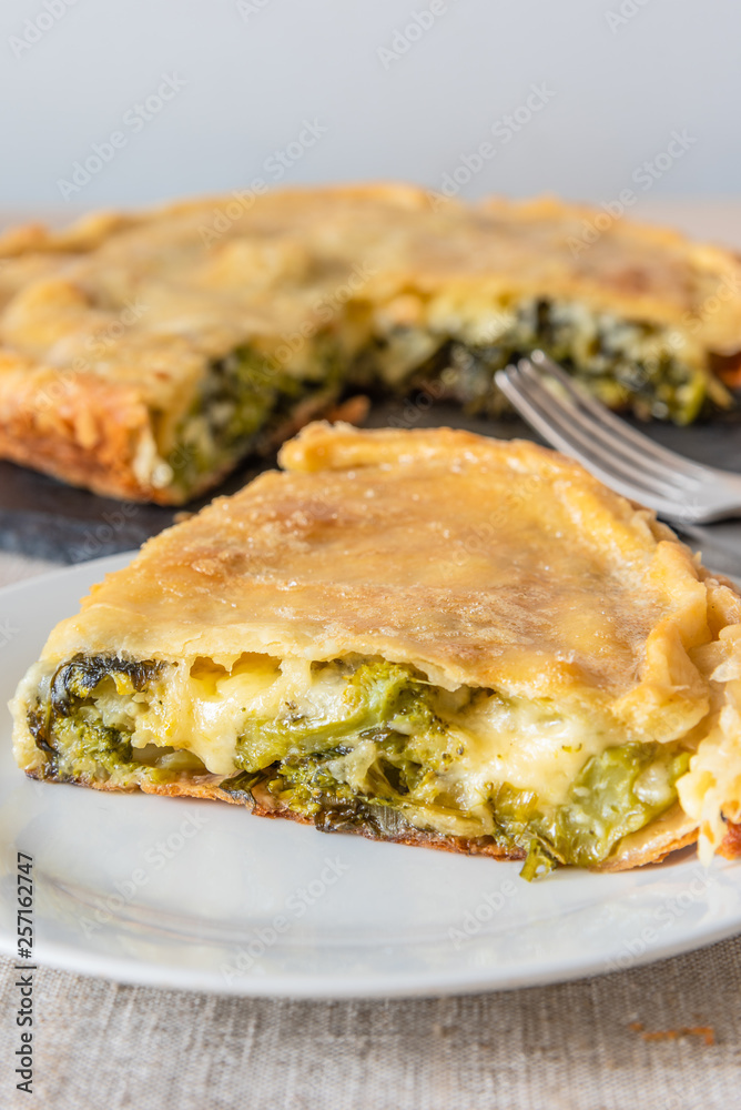 Piece of fresh pie with broccoli and cheese on a plate close-up - vegetarian cuisine. Piece of fresh pie with broccoli and cheese on a plate close-up - vegetarian cuisine.