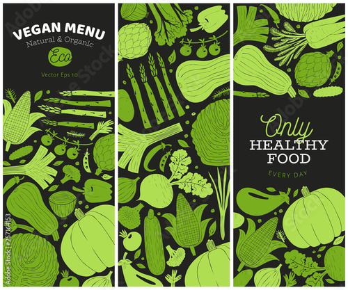 Set of hand drawn vegetables design templates. Monochrome graphic. Vegetables background. Linocut style. Healthy food. Vector illustration