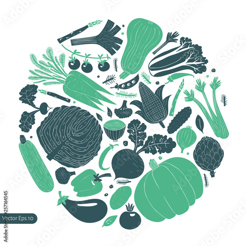 Fun hand drawn vegetables design template. Monochrome graphic. Vegetables background. Linocut style. Healthy food. Vector illustration