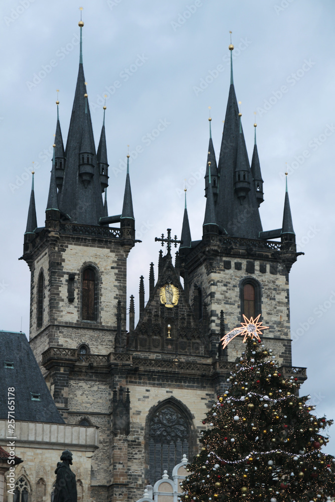The Tyn Cathedral, Prague, and a decorated Christmas tree