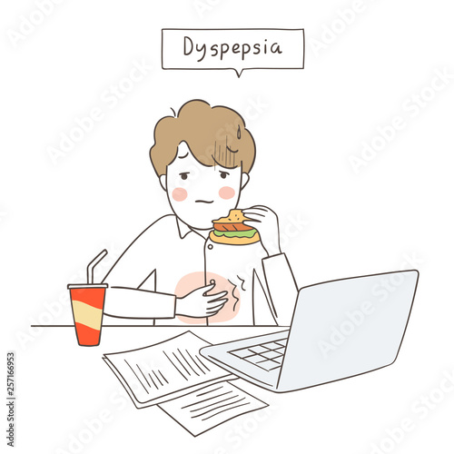 Draw businessman with Dyspepsia from eating hamburger in busy work