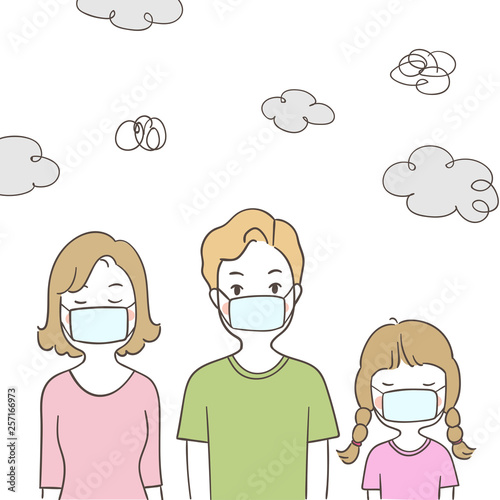 Draw family wearing mask protect from PM2.5 dust