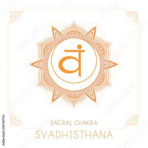 Vector illustration with symbol Svadhishana - Sacral chakra and decorative frame on white background