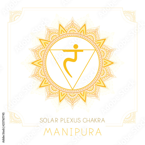 Vector illustration with symbol Manipura - Solar Plexus chakra and decorative frame on white background.