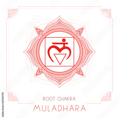 Vector illustration with symbol Muladhara - Root chakra and decorative frame on white background.