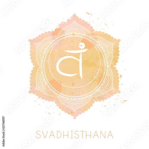 Vector illustration with symbol chakra Svadhishana and watercolor element on white background.