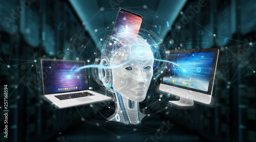 White humanoid controlling modern devices 3D rendering