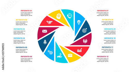 Cirle infographic with 12 options or steps. Abstract flat element of cycle diagram. Vector business template for presentation.