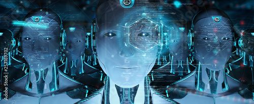 Group of male robots heads using digital hologram screens 3d rendering