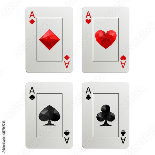 Four aces with low poly style card suits on plain background