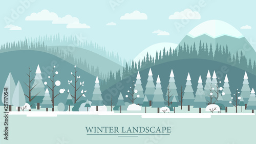 Flat design nature winter landscape illustration with tree hills and clouds..Alps, Andes.