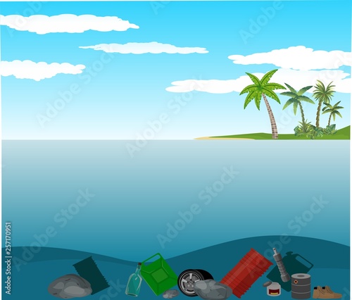 Polluted ocean, garbage on the ocean floor, environmental issues, vector