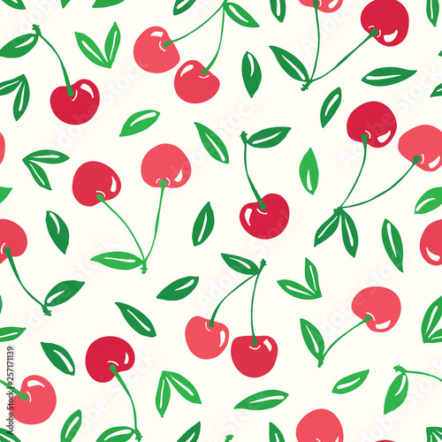 Whimsical hand-drawn red cherries vector seamless pattern background. Colorful Summer Fruits