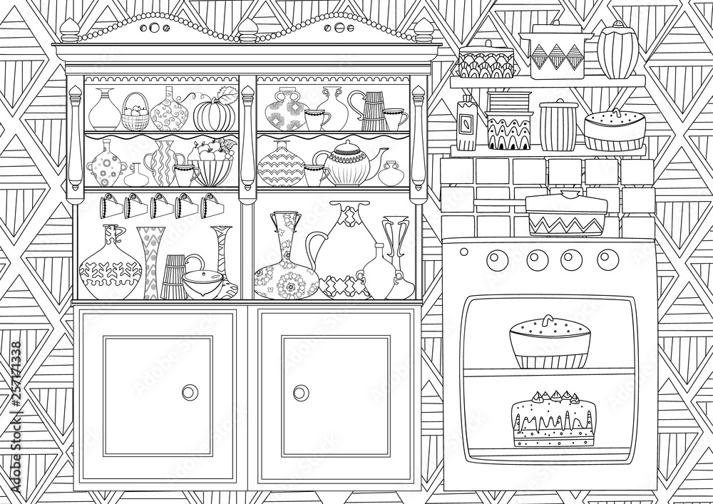 funny kitchen with cupboard and oven for your coloring book