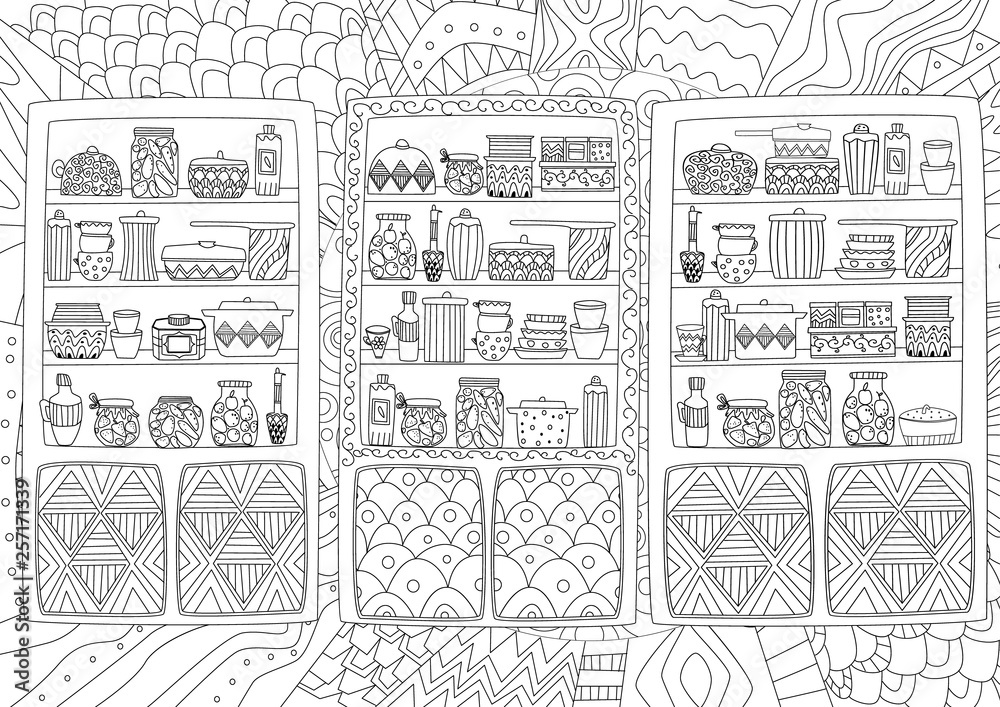 funny cupboards with tableware and jars of preserves for your coloring page funny cupboards with tableware and jars of preserves for your coloring page