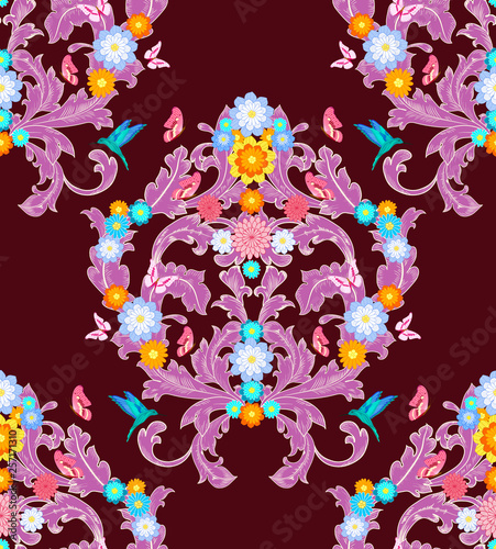colorful seamless texture with classic baroque ornament of leaves and flowers for your design
