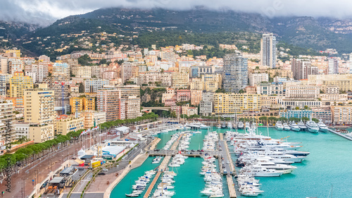 Monaco, bay of Monte Carlo with the marina, luxury buildings and towers 
