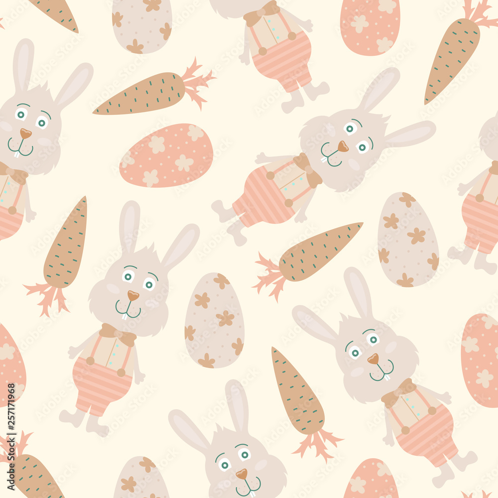 Cartoon vector seamless pattern with Easter eggs and bunnies. Bright background design. Cartoon vector seamless pattern with Easter eggs and bunnies. Bright background design.