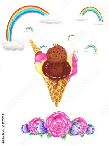 Sweet ice cream and rainbow with colourful of rose.