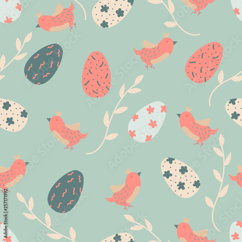 Cartoon vector seamless pattern with Easter eggs and birds. Bright background design.