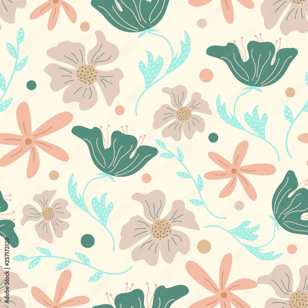 Trendy floral seamless pattern with doodle flowers. Vector background design. Trendy floral seamless pattern with doodle flowers. Vector background design.