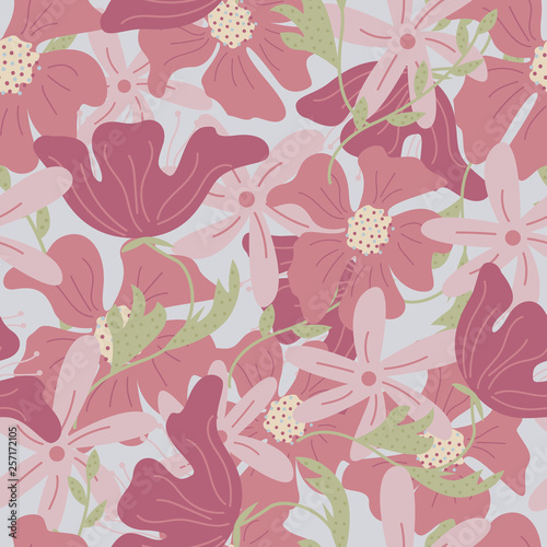 Trendy floral seamless pattern with doodle flowers. Vector background design.