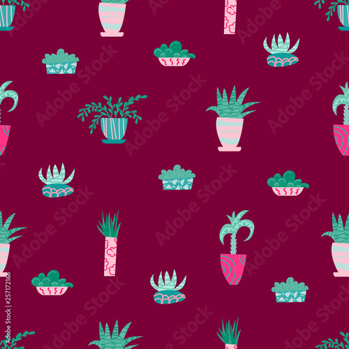 Cute seamless pattern with house plants. Flowers in a pots. Hygge home. Vector background design.