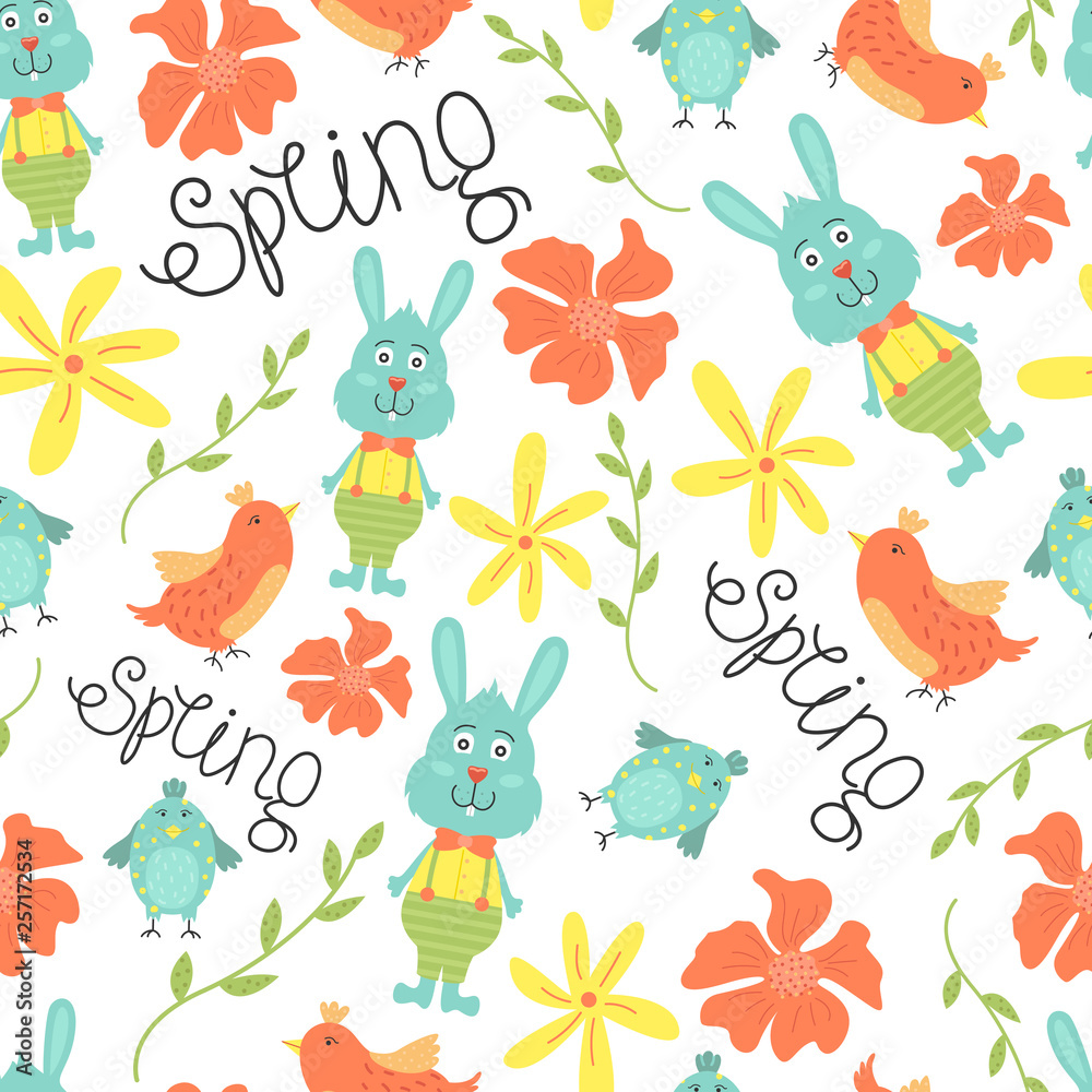 Cute seamless pattern with flowers, birds and bunnies. Vector spring background.