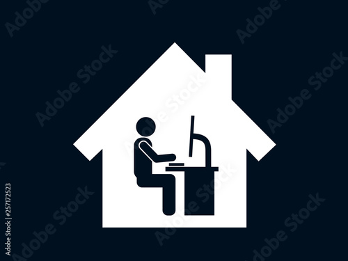 Home office - person is working on pc and personal computer at his individual house. Lonely man is playing on the cumputer - social isolation because of modern electronics and technology. Vector