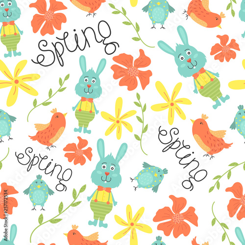 Cute seamless pattern with flowers, birds and bunnies. Vector spring background.