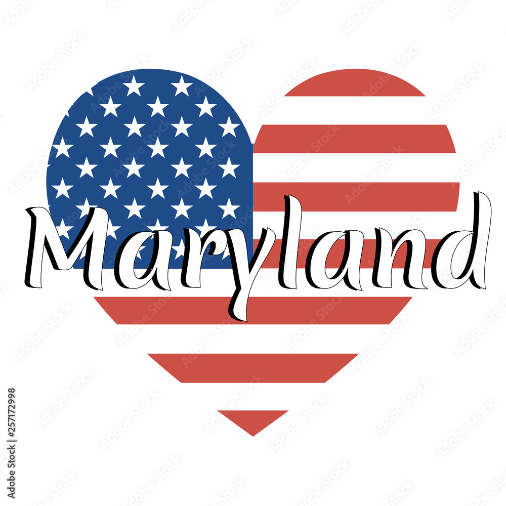 Heart shaped national flag of The United States of America with inscription of state name: Maryland in modern style. Vector EPS10 illustration. Heart shaped national flag of The United States of America with inscription of state name: Maryland in modern style. Vector EPS10 illustration.