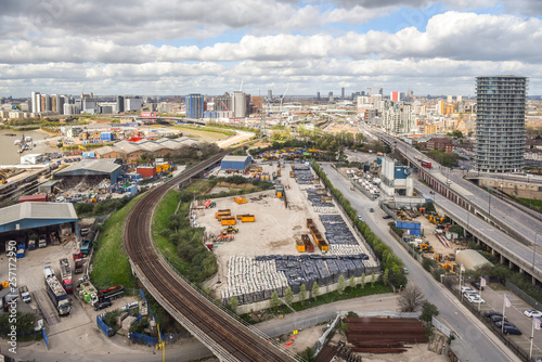 Aerial view of East London and Excel redevelopment from Emirates cable car.