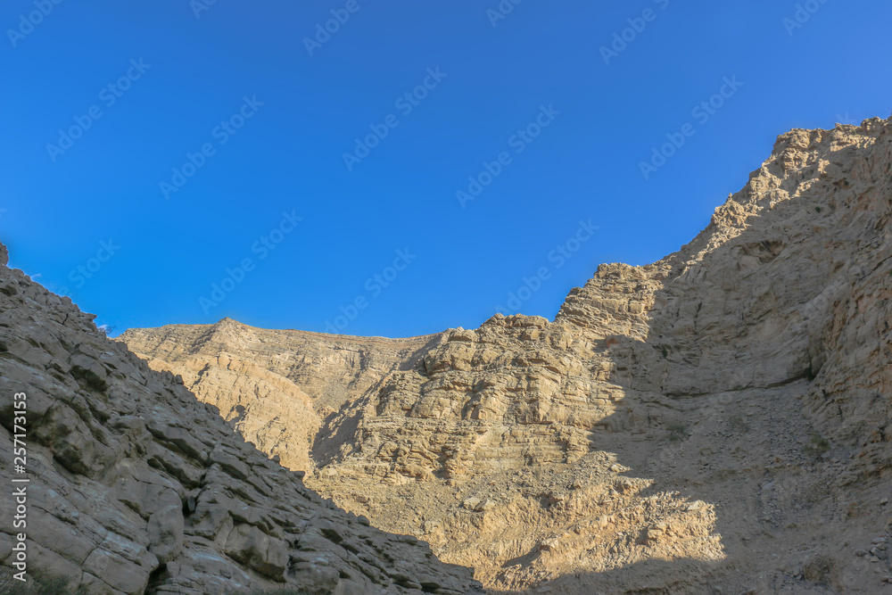 Geological landscape of Jabal Jais characterised by dry and rocky mountains, Mud Mountains in Ras Al Khaimah, United Arab Emirates